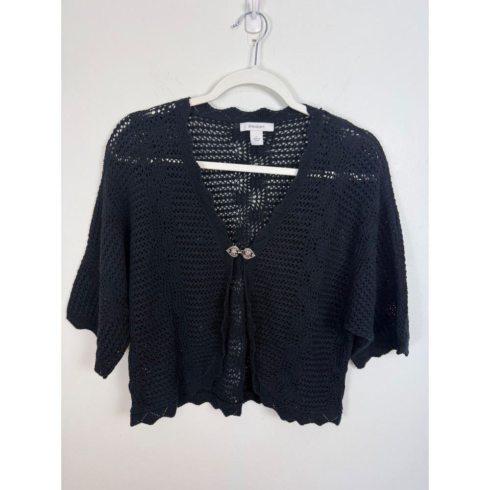 Women's Dressbarn Black Crochet Open Knit Cardigan Top 90s Pointelle Large Boho